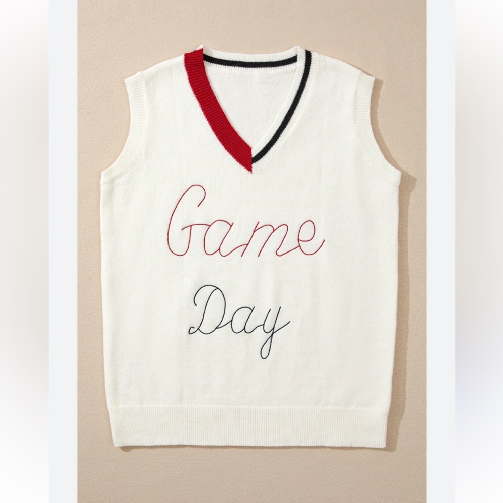 Charming Charlie White V-Neck Sweater Vest with Red and Black Trim